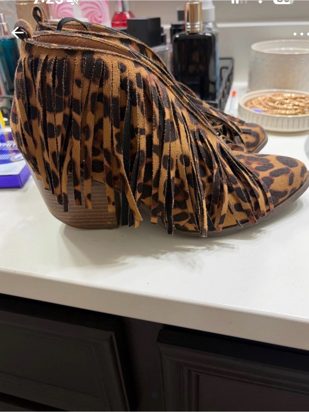Leopard Print Fringe Ankle Boots - Brown